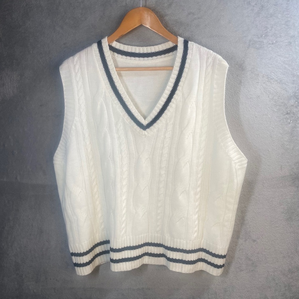 Shein Curve Sweater Vest Womens 3XL White Cable Knit Preppy Tennis Old Money